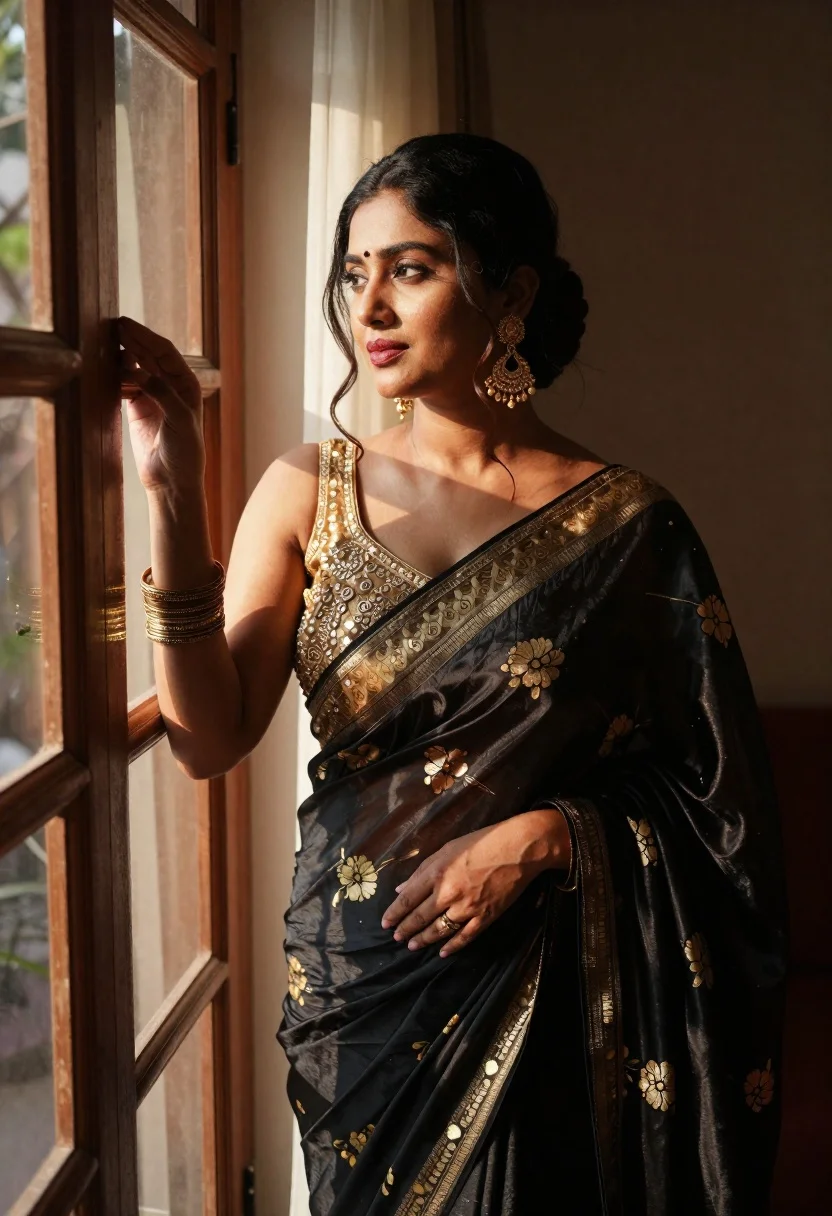 Woman Traditional Saree Stands Window With Sunlight Streaming Through The reference photo