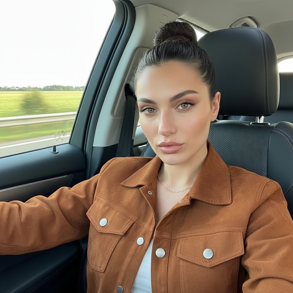 Photorealistic passenger-seat car selfie preview with the reviewed outfit, pose, setting, lighting, and camera framing.