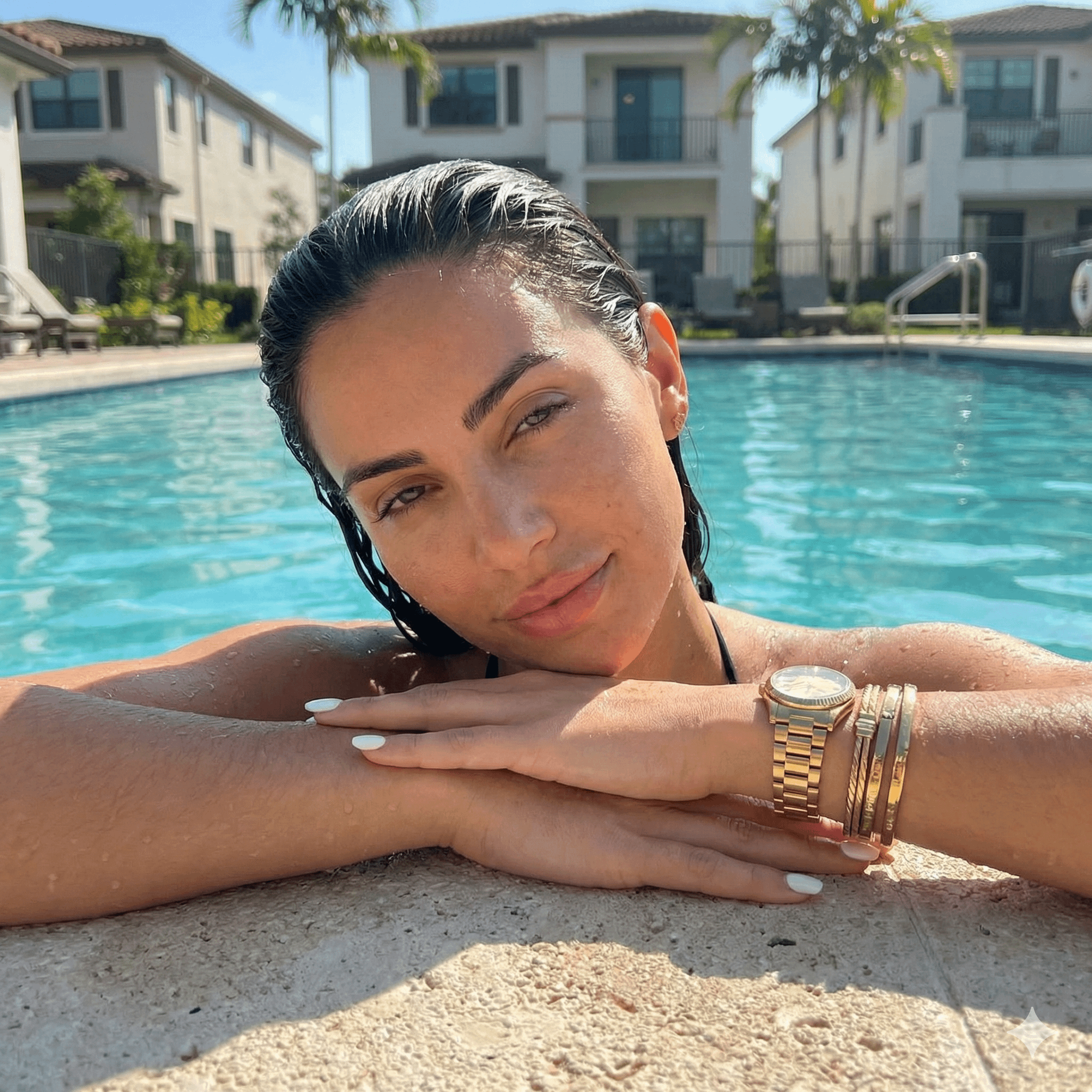 Luxury Pool Portrait Wet Hair Confident Smirk