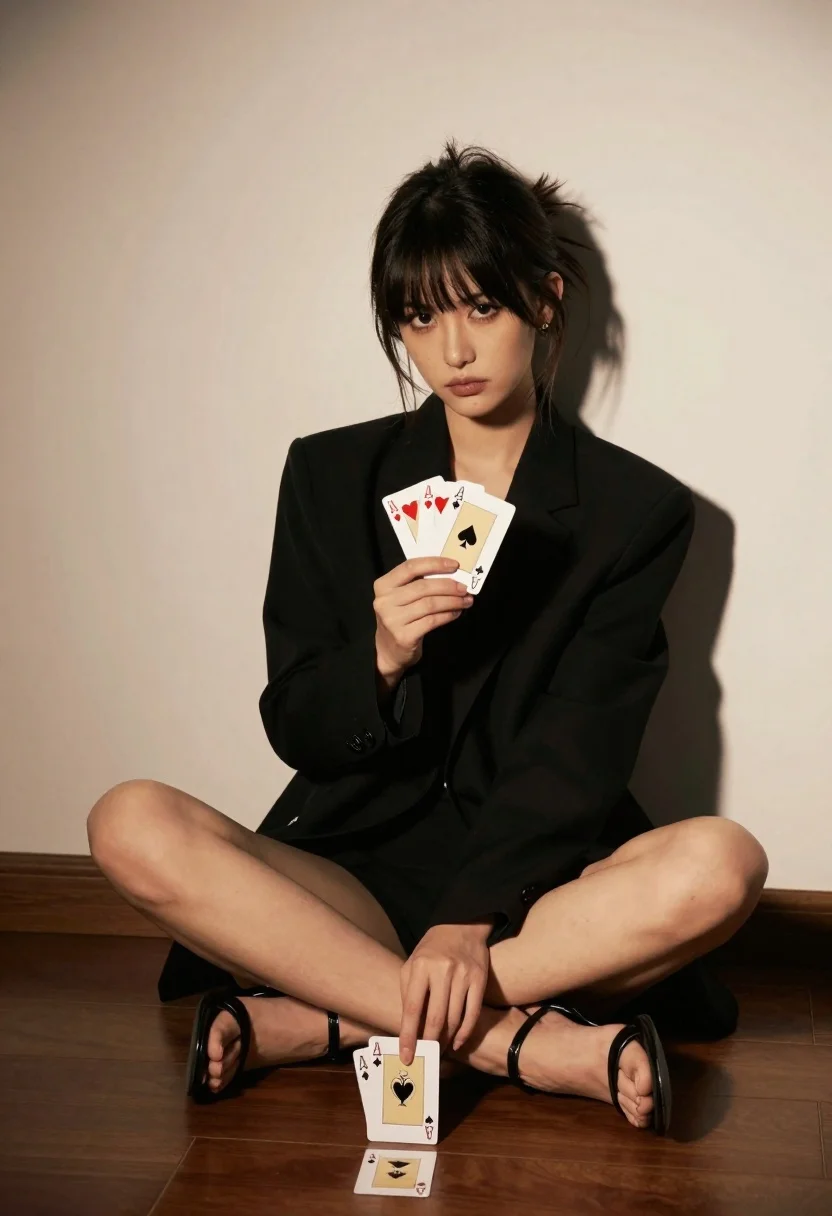Woman Sits Cross-legged Against Plain Wall Holding Playing Cards The reference photo