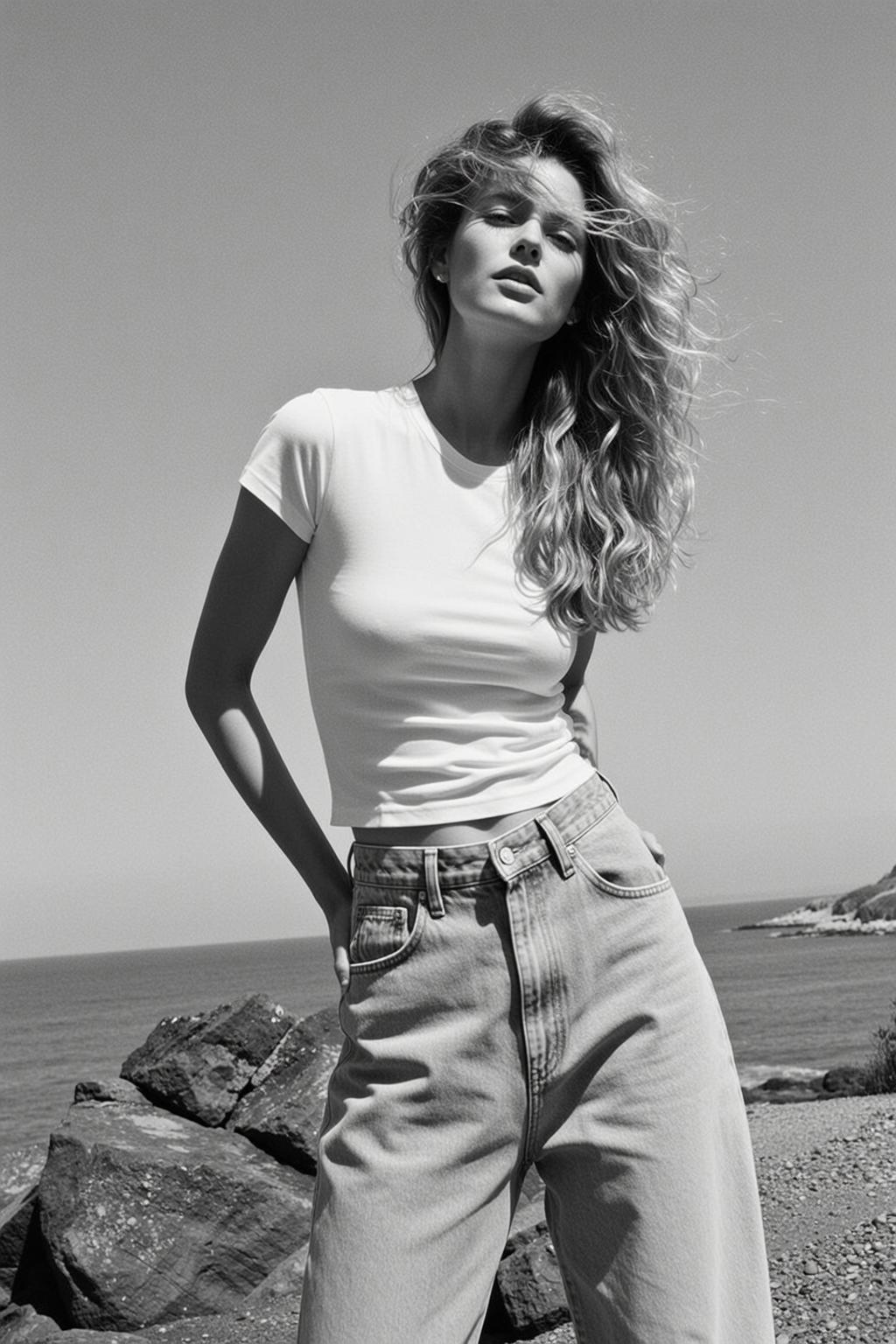 Full-body Medium Shot Black And White Photograph Captures Young Woman