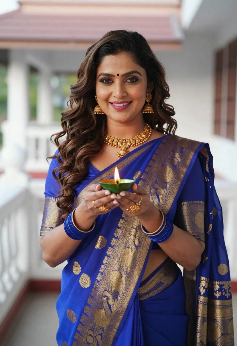 Smiling Woman With Long Wavy Brown Hair And Bindi Her reference photo