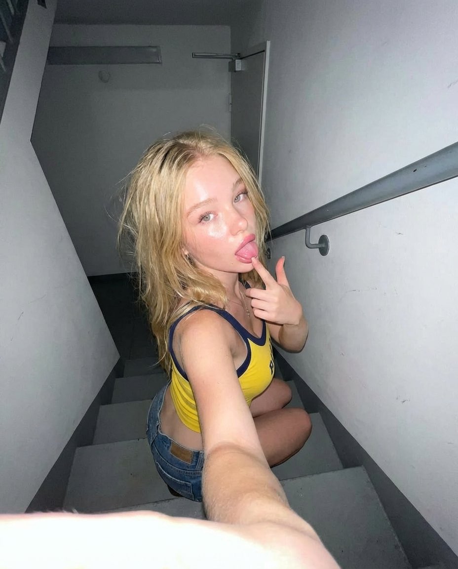 Yellow Top Denim Shorts Selfie High Angle