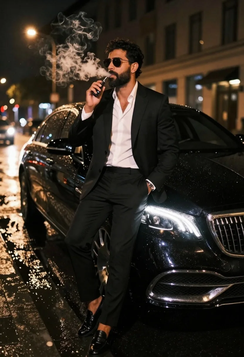 Confident Man Sharp Black Suit Sits Casually The Hood Luxury