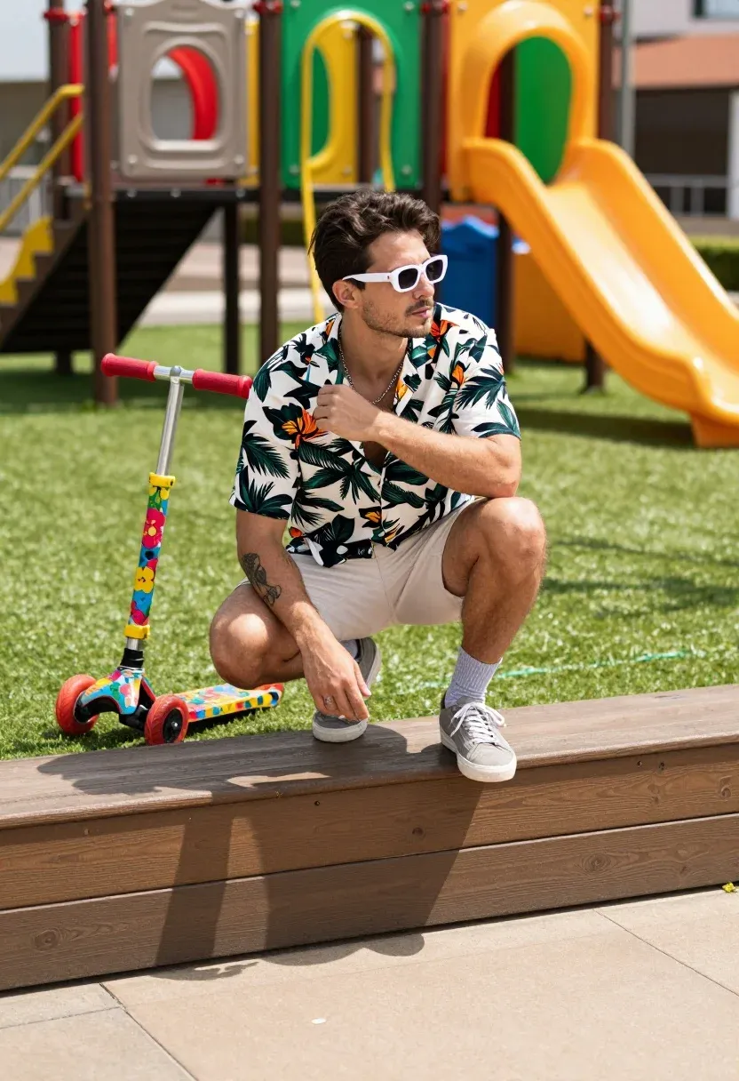 Man Crouches Low Wooden Wall Front Colorful Playground And Vibrant