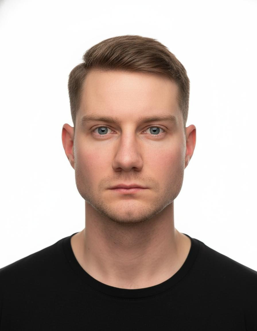A clean studio portrait of a model in a black top, facing the camera with a neutral expression against a white backdrop.