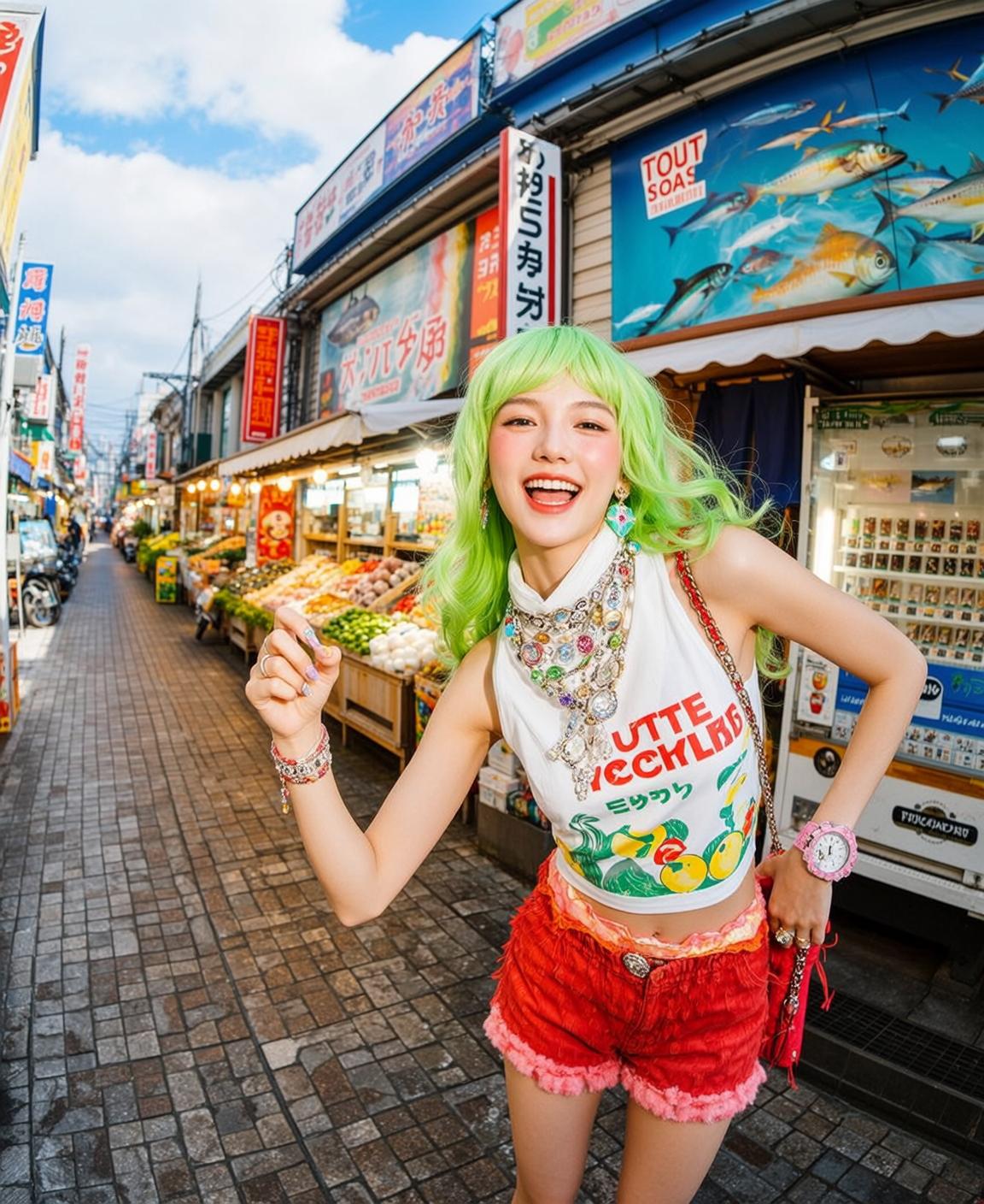 Green Hair Woman Red Shorts Japanese Market