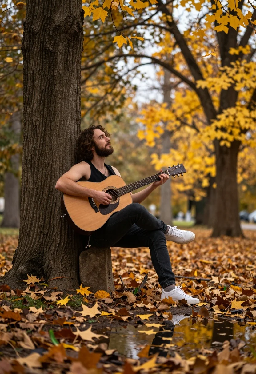 Man Sits Leaning Against Large Tree Trunk While Playing Acoustic