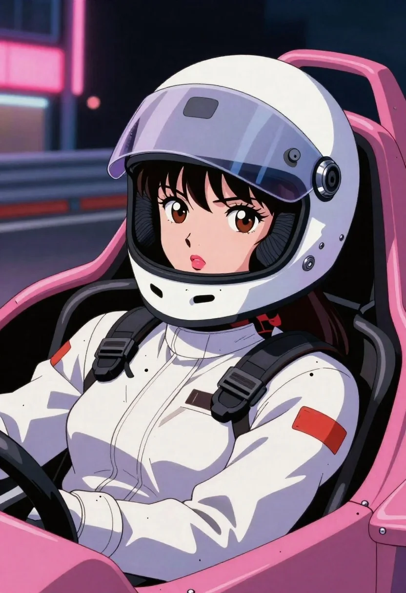 Cinematic Close-up Anime-style Female Pilot Resting Inside Pink Racing Car reference photo