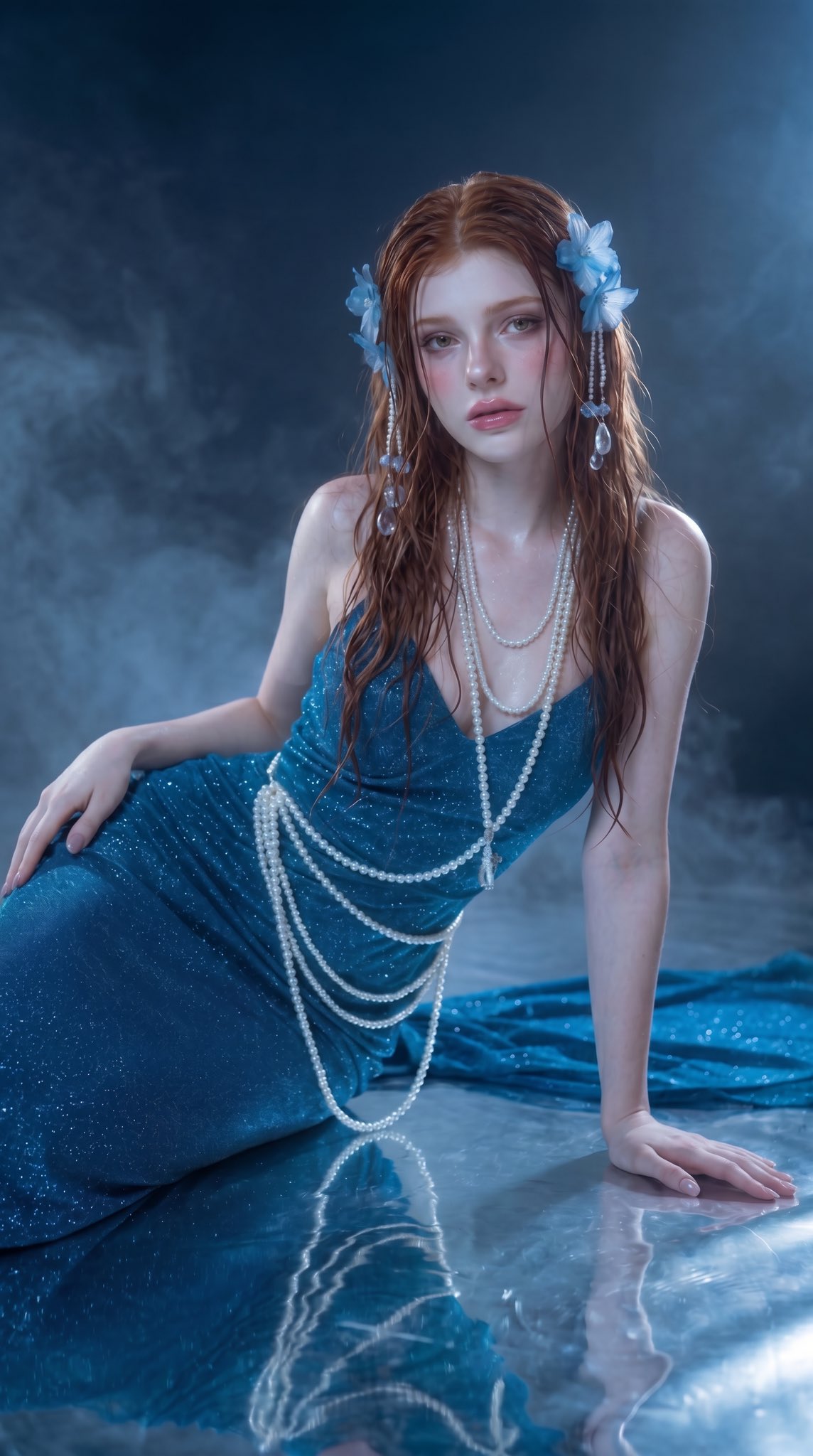 Wet Hair Blue Flowers Pearl Gown Metallic Surface