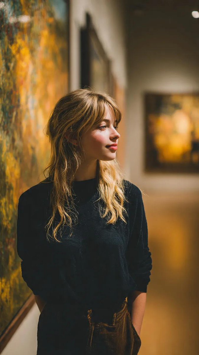 A young woman in a dark top stands in an art gallery, gazing calmly at colorful abstract paintings under warm ambient lighting.