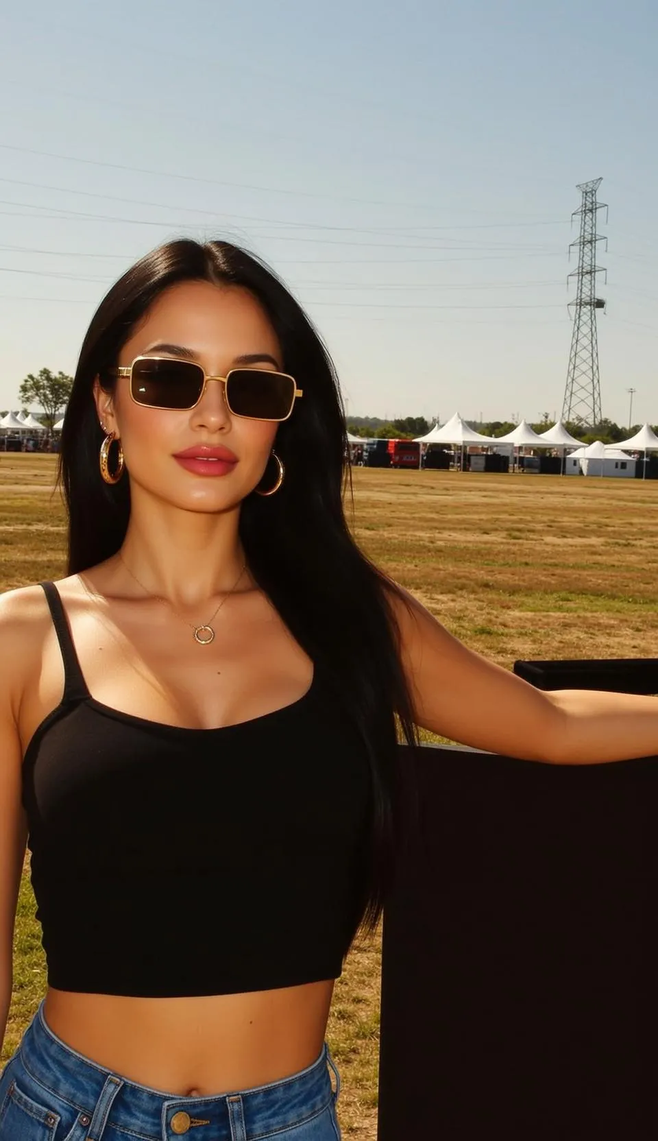 Sunglasses Earrings And Necklace In Black Crop Top Portrait