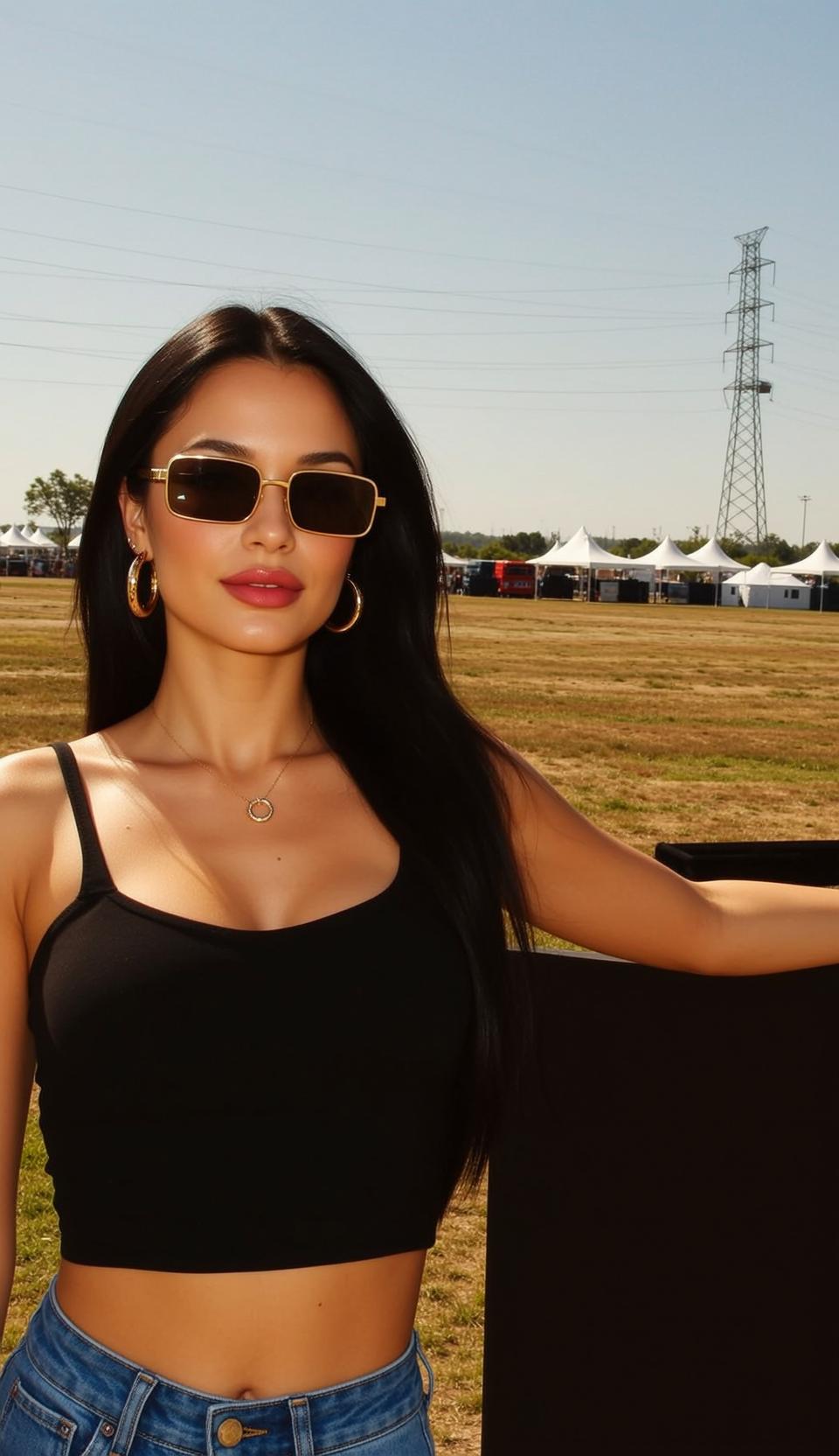 Sunglasses Earrings And Necklace In Black Crop Top Portrait reference photo