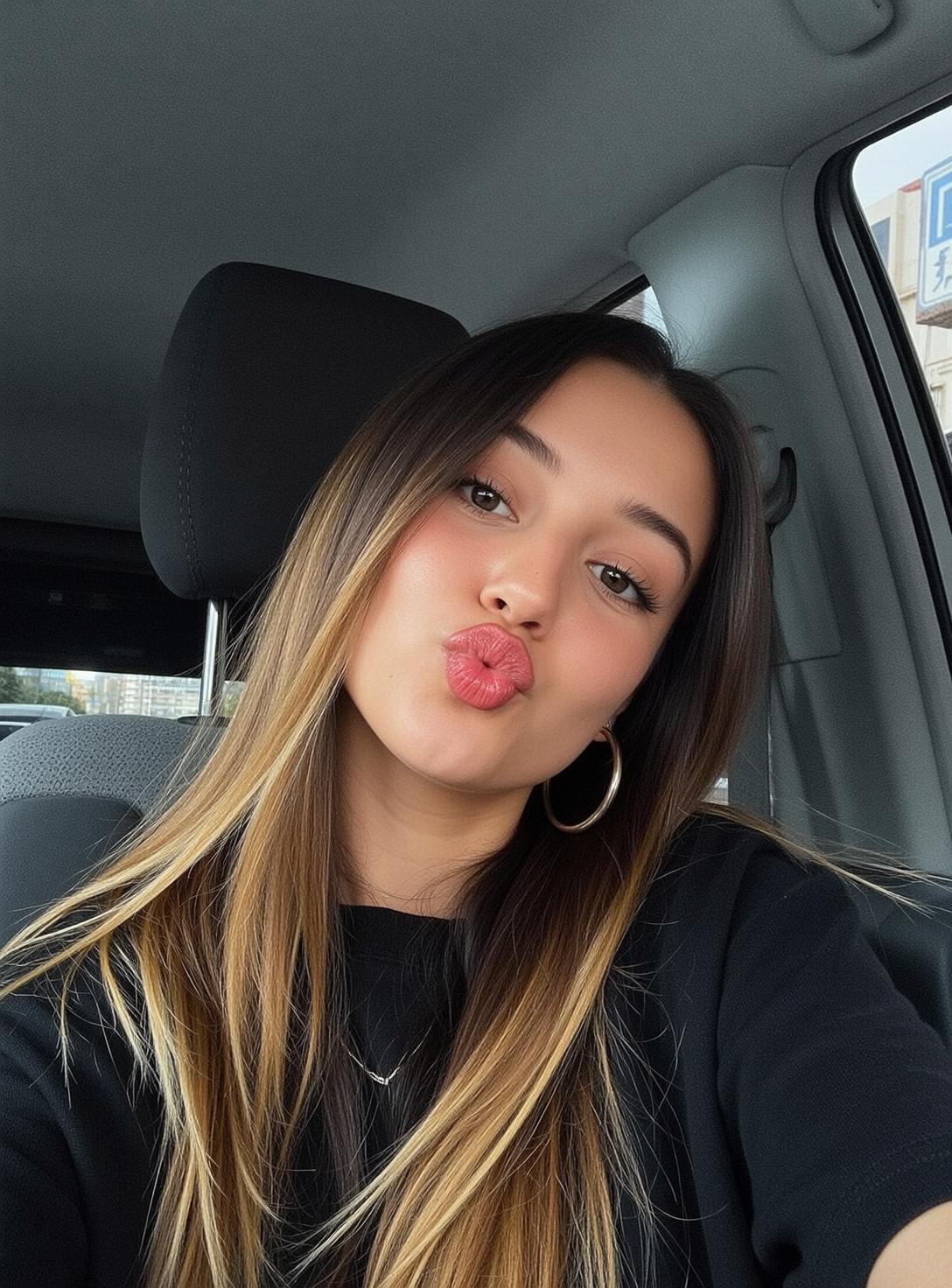 Car Selfie Puckering Lips Gold Hoops