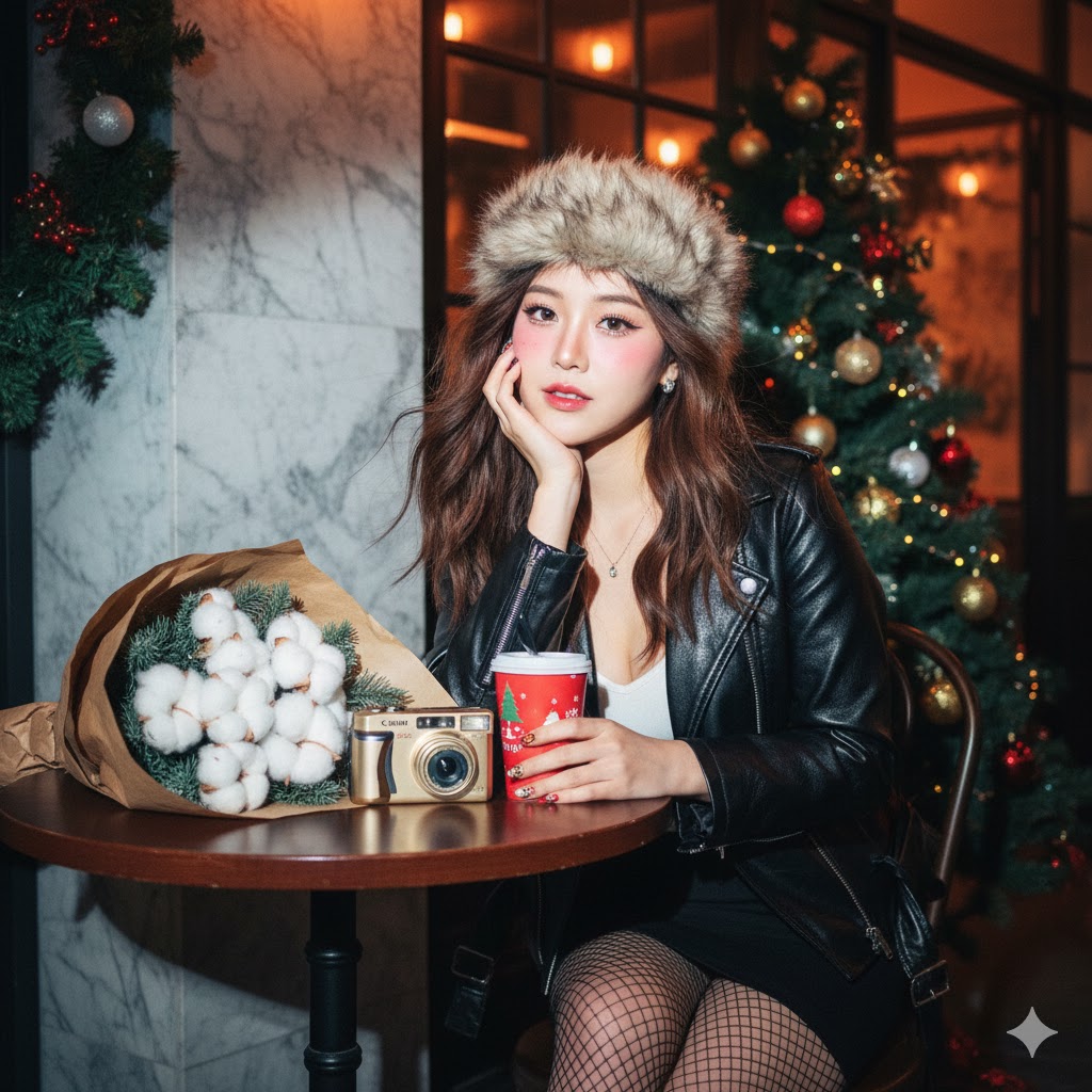 A stylish woman in a leather jacket and fur hat sitting at a vintage café table, holding a Christmas drink.