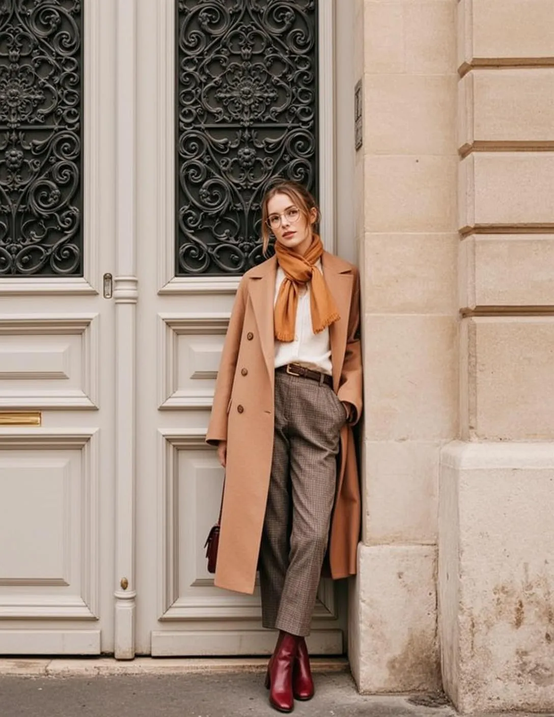 Glasses With A Camel Coat In A City Portrait