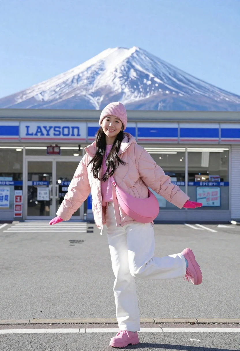 Young Woman Stands Cheerfully Parking Lot With Mount Fuji Rising