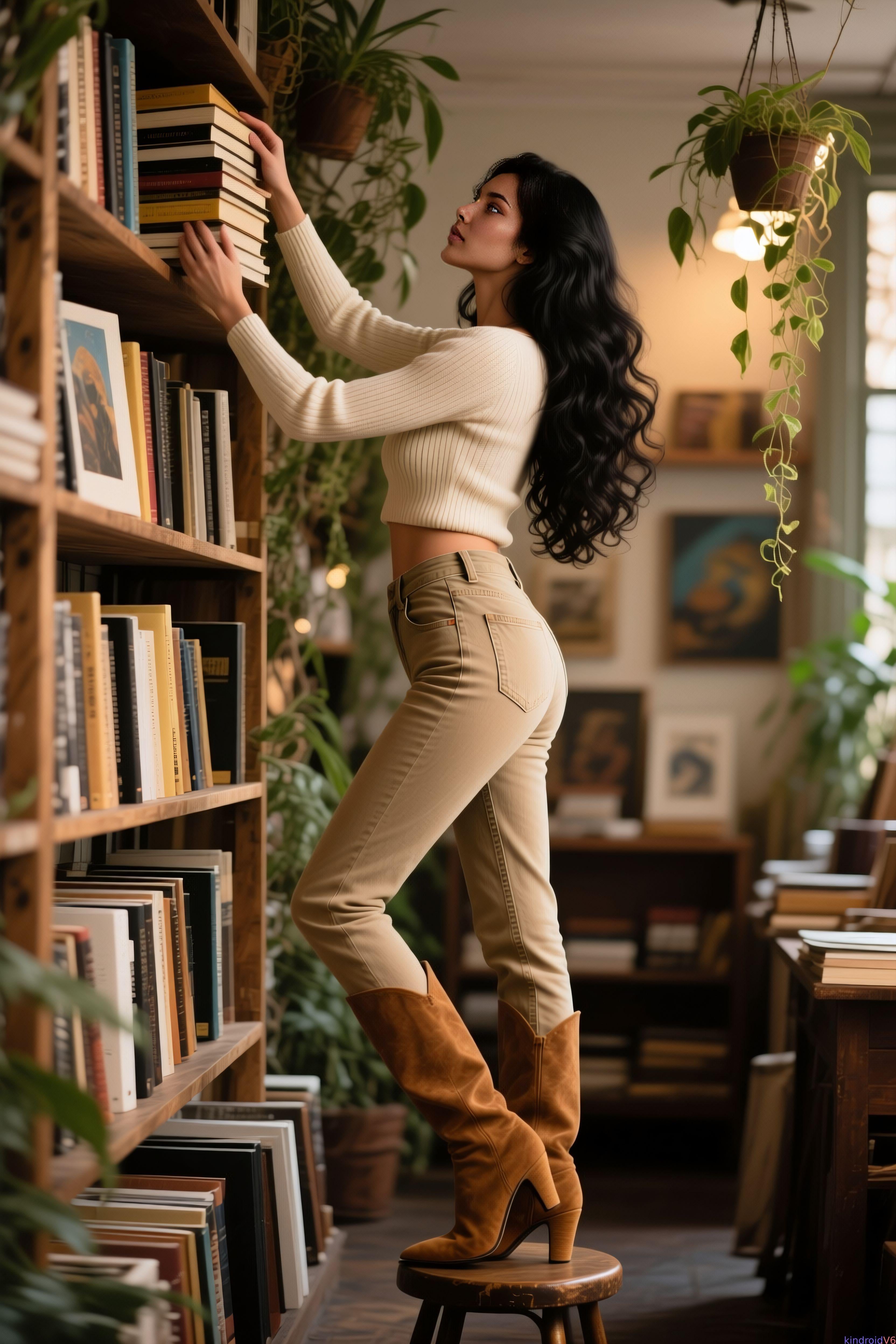 Cozy Plant Filled Library Book Reach Warm Light