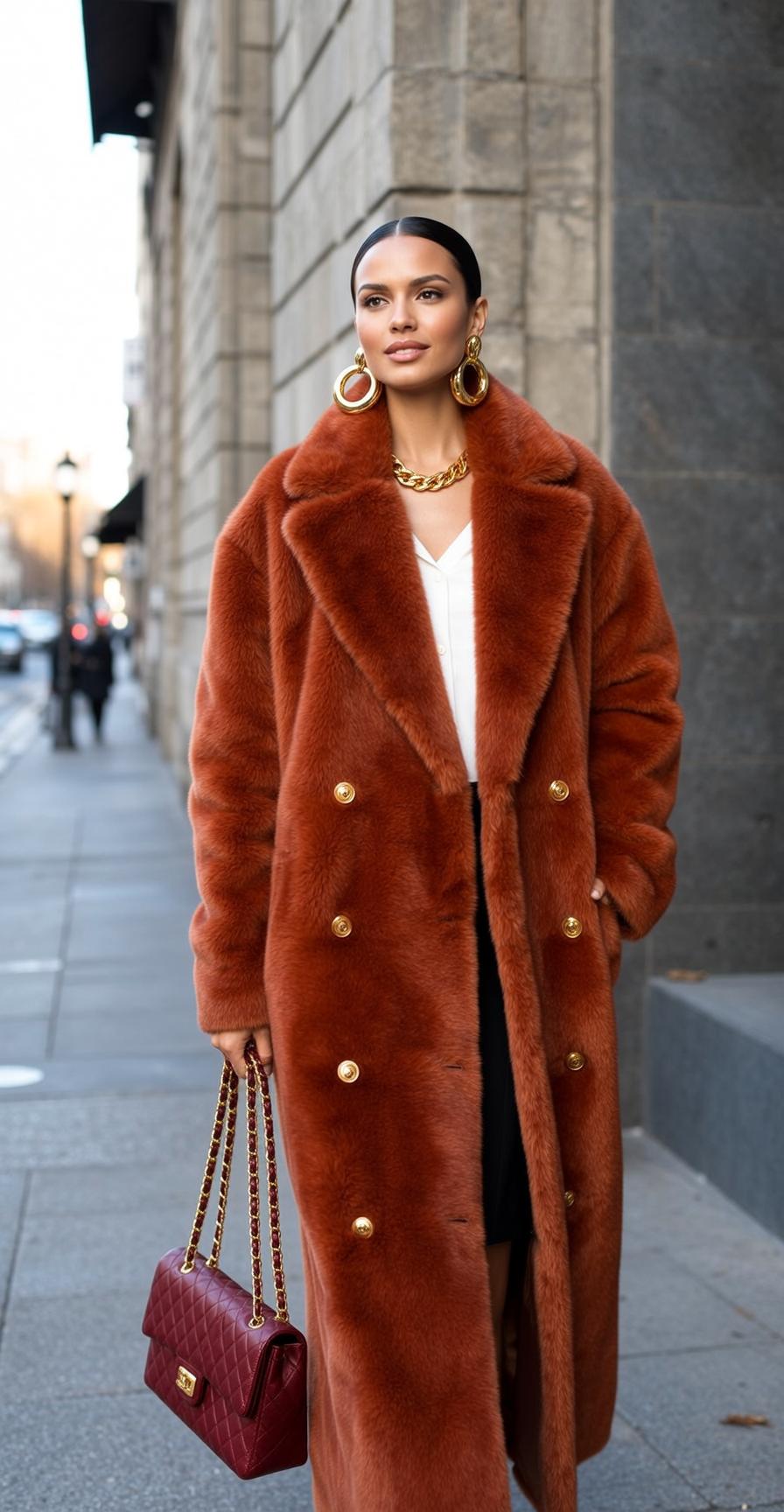City Street Rust Fur Coat Gold Jewelry