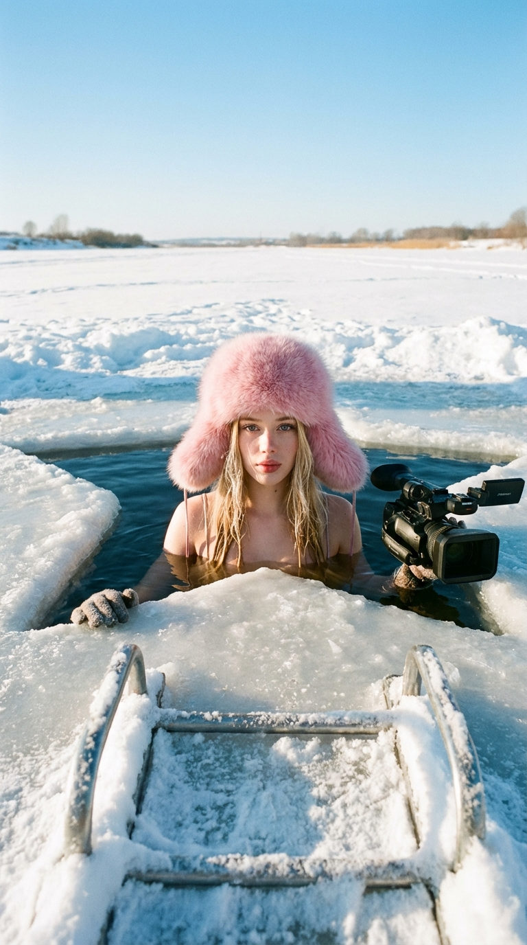 A girl in a fluffy pink fur hat at a frozen lake, shoulder-deep in dark water, holding a video camera.