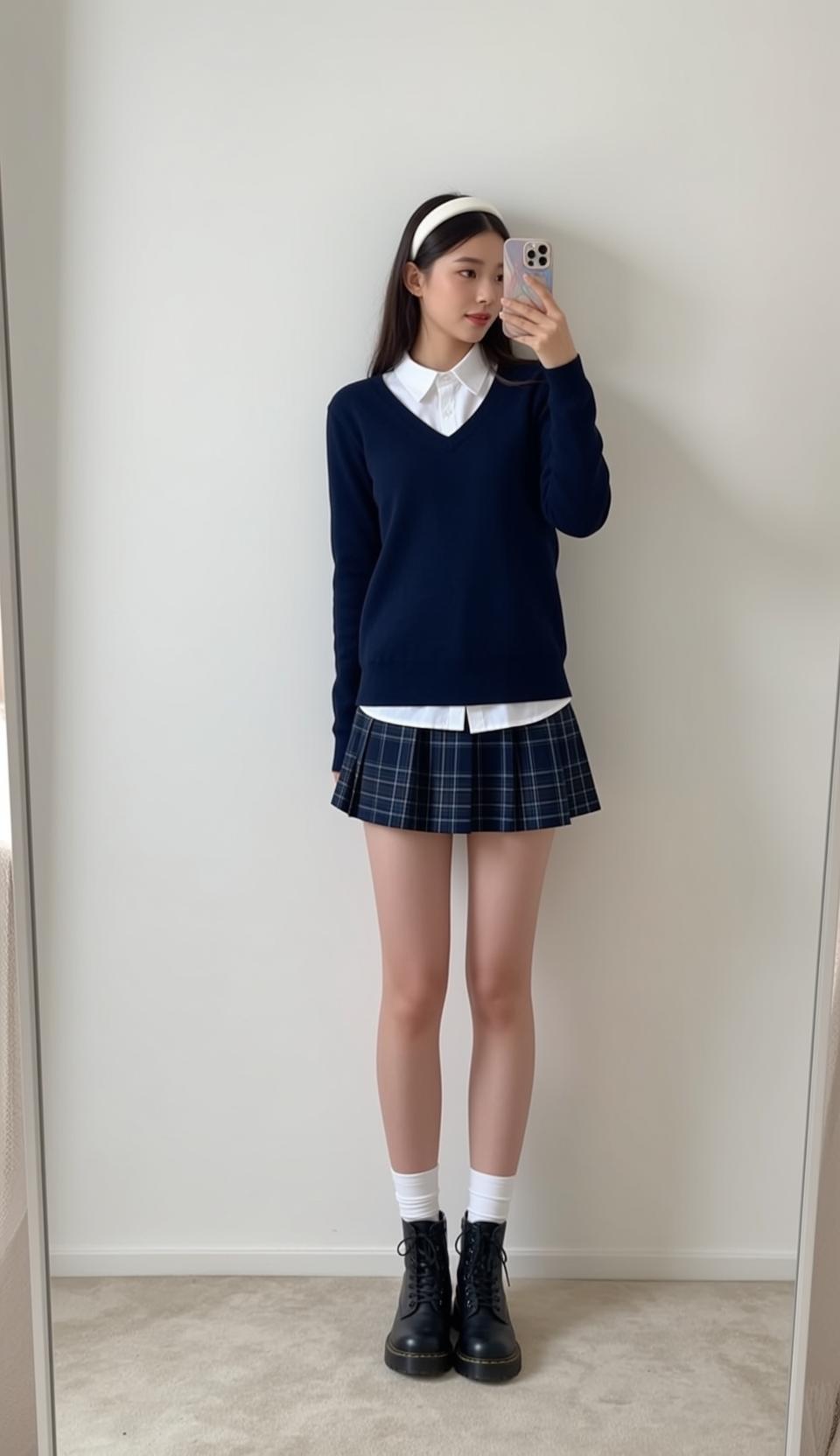 White Shirt Plaid Skirt Mirror Selfie