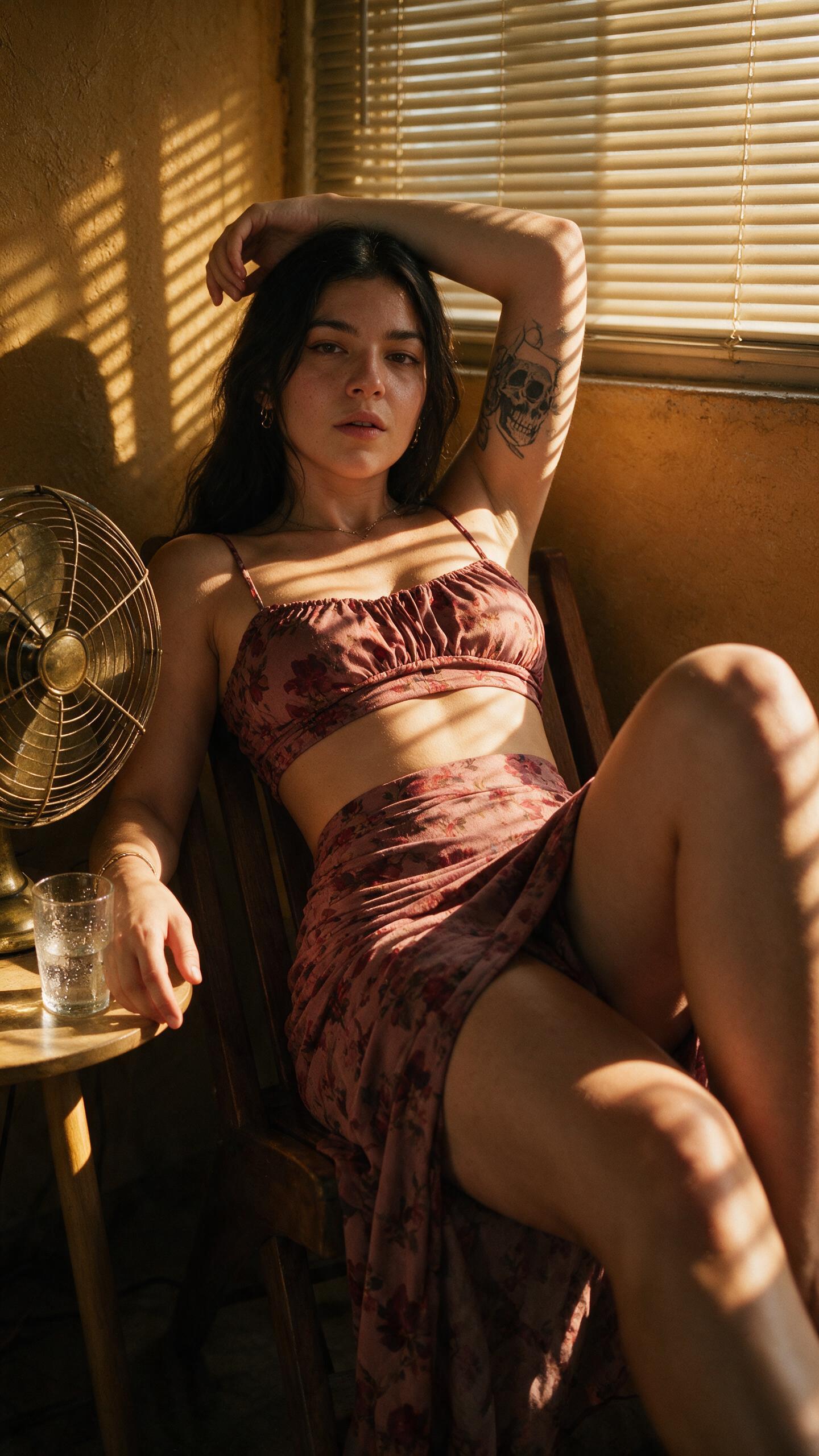 Reclined Floral Two Piece Amber Room Fan Iced Drink