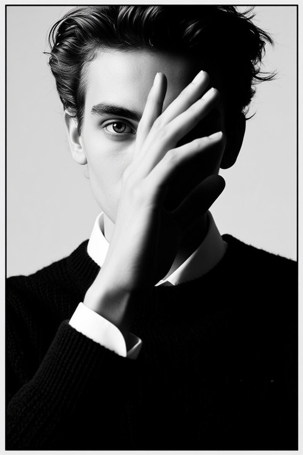 Black And White Portrait Young Man Facing Forward With His