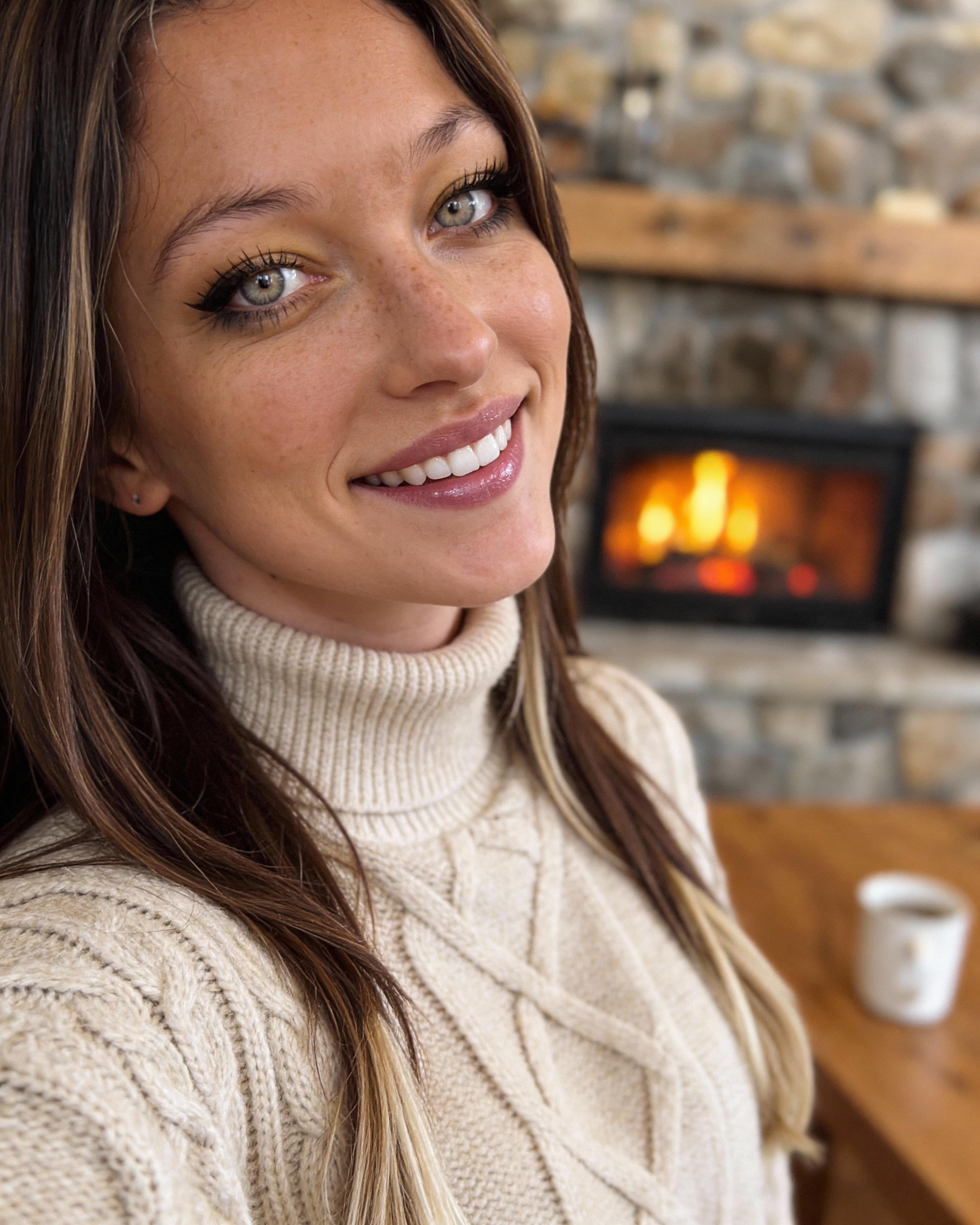 Cozy Fireplace Selfie Cream Knit Turtleneck