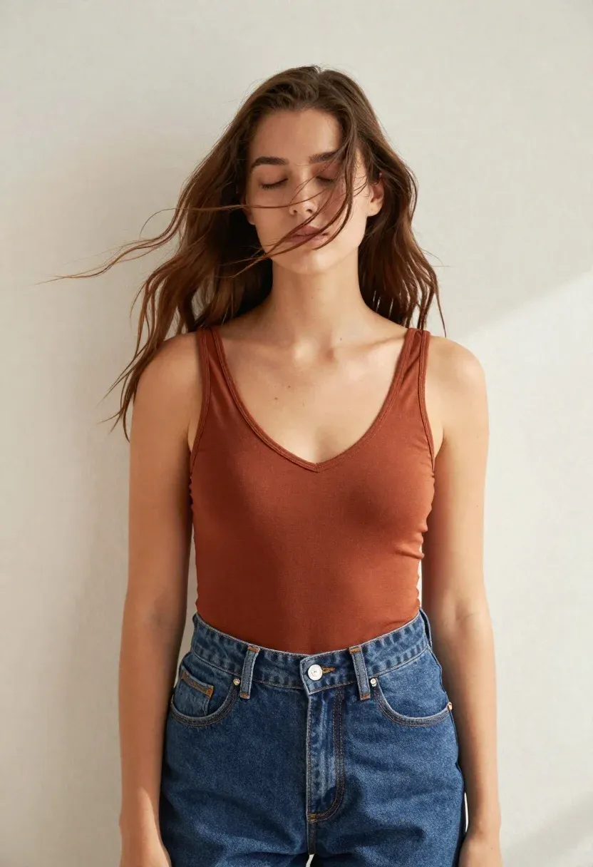 Young Woman With Long Brown Hair Stands Against Plain Off-white
