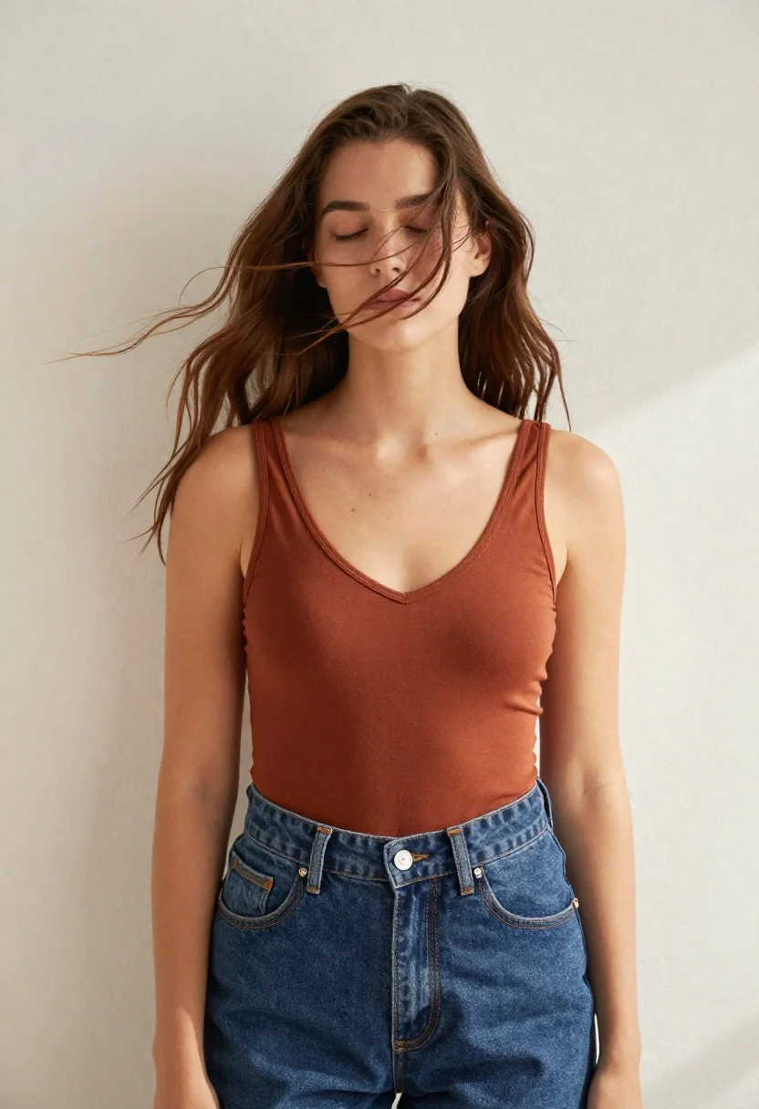 Young Woman With Long Brown Hair Stands Against Plain Off-white reference photo