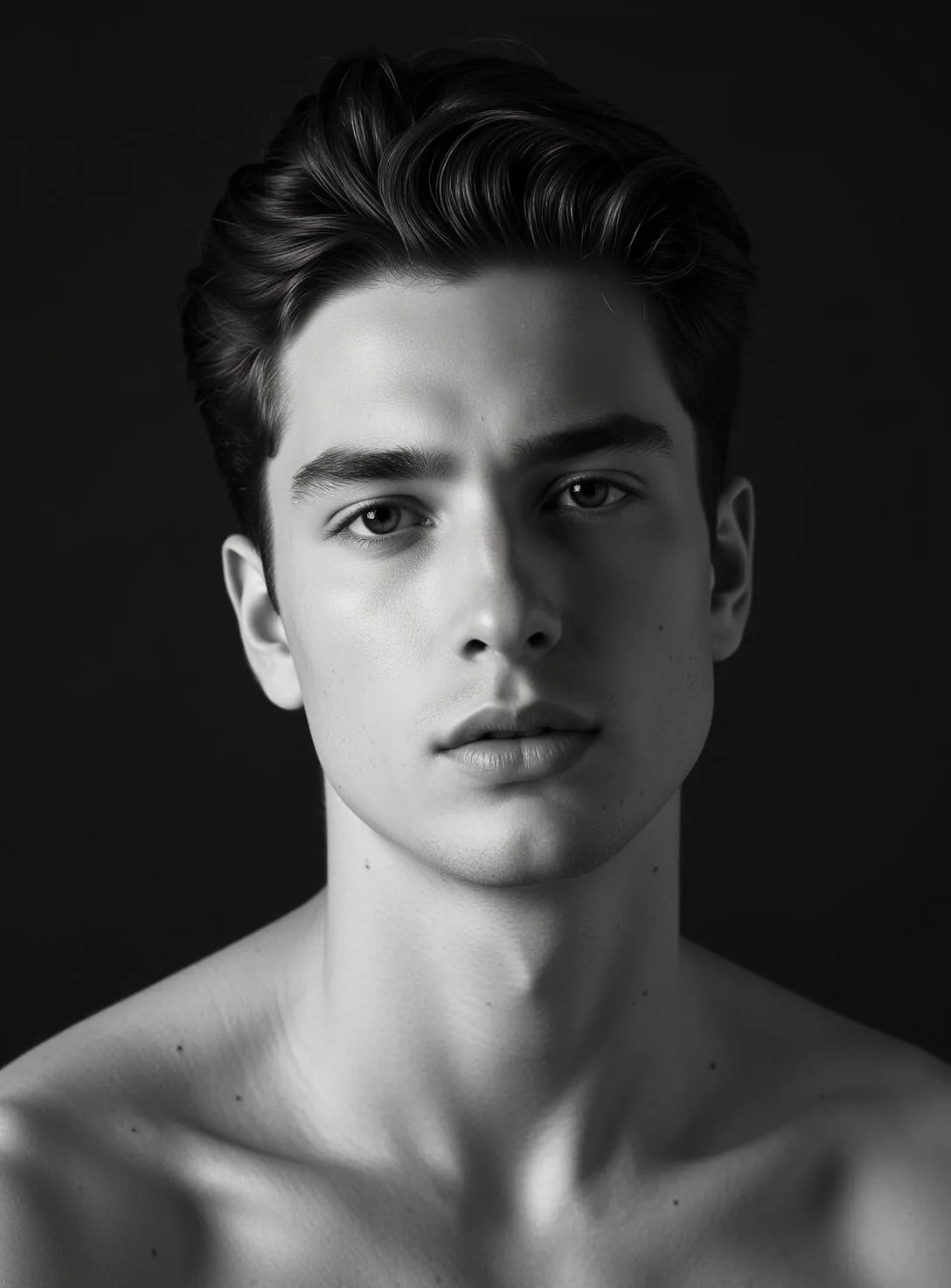 Photorealistic Black And White Medium Close-up Portrait Young Man With