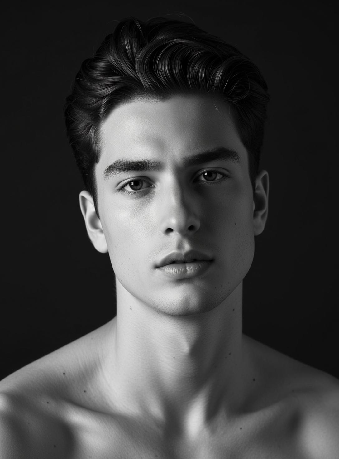 Photorealistic Black And White Medium Close-up Portrait Young Man With