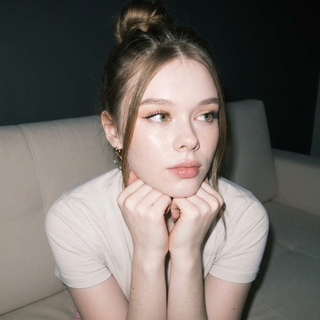 Thoughtful Woman Sofa Pose Pastel Eyeshadow Close Up
