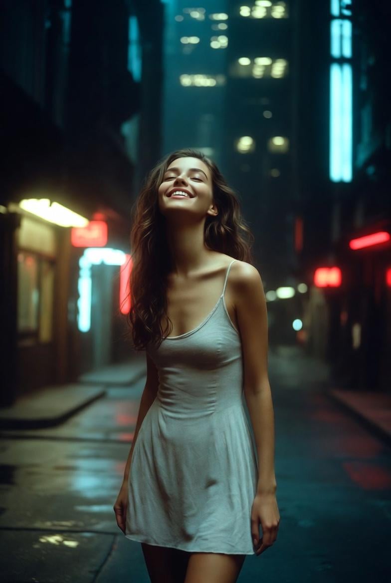 Three Quarter Standing In Narrow Wet City Alleyway At Night