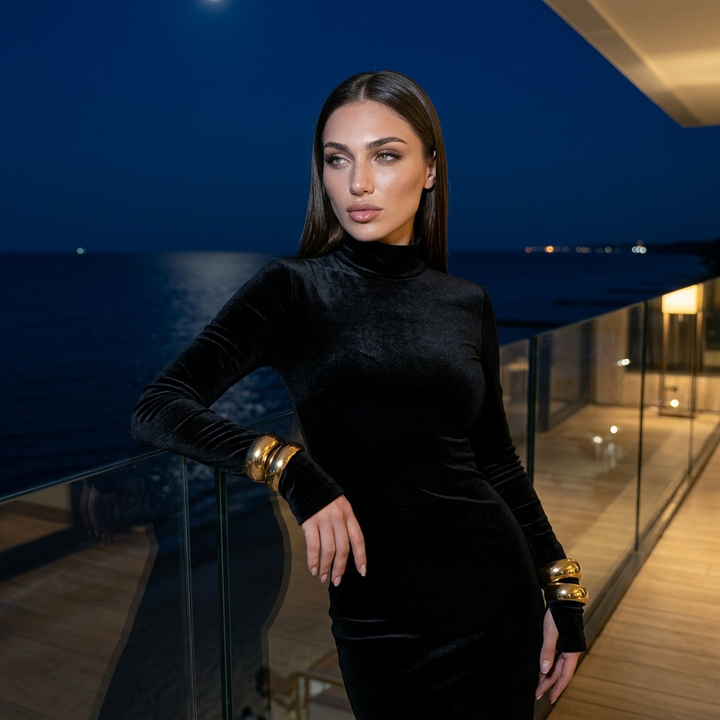 Luxury Hotel Terrace Night Sea Velvet Dress Gold Bracelets