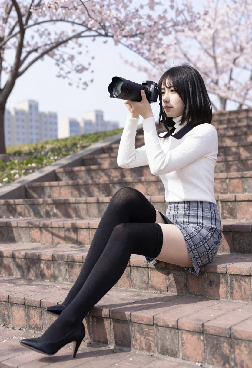 Young Woman With Short Black Hair Sits Wide Brick Steps reference photo
