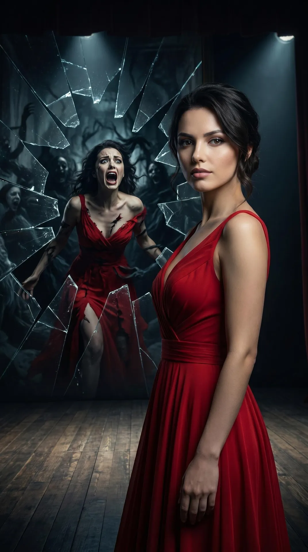 Red Gown Profile Shattered Mirror Reflection