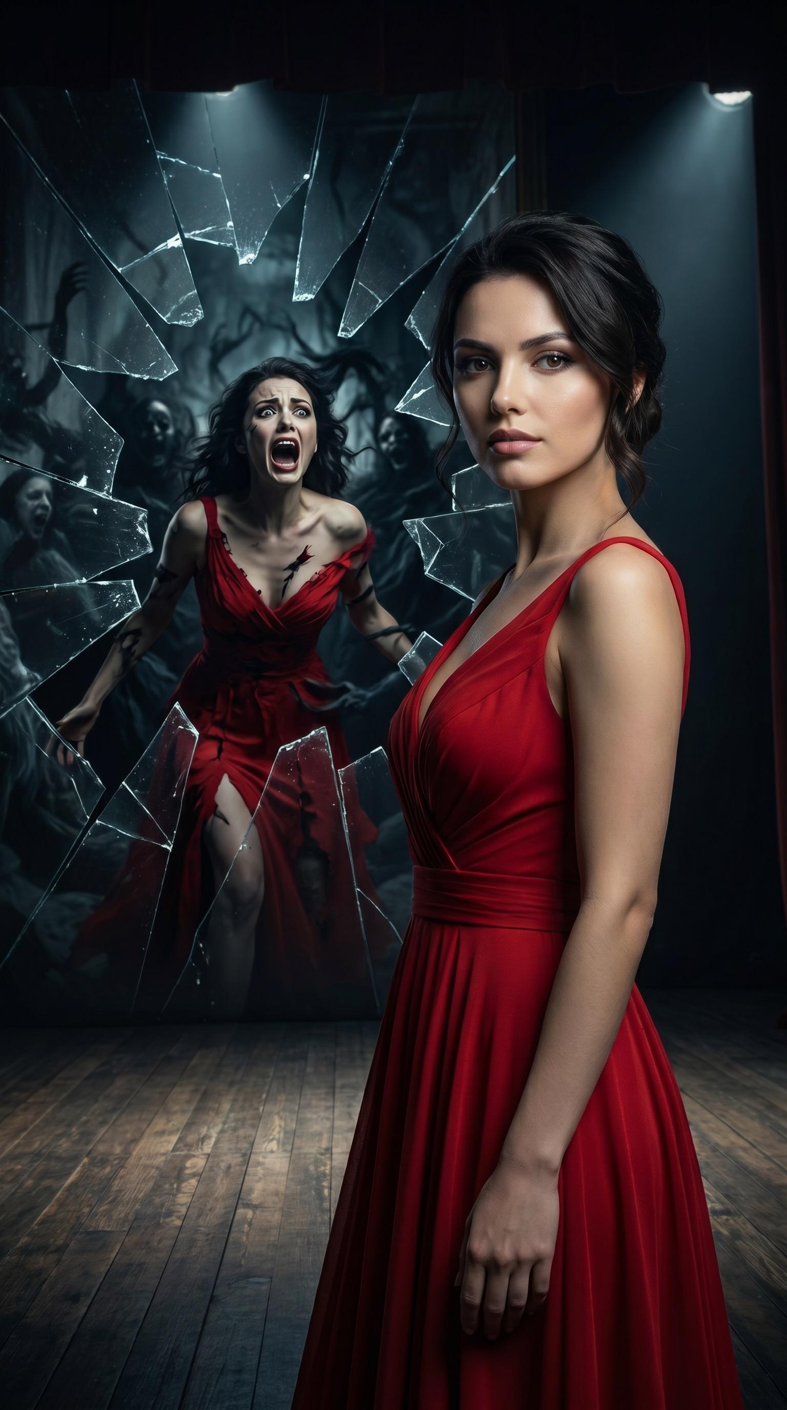 Red Gown Profile Shattered Mirror Reflection