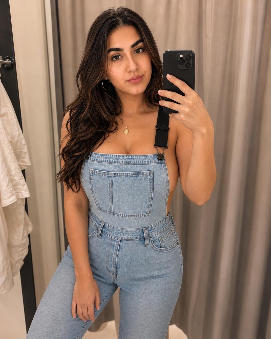 Denim Overalls Seated Posture Soft Feminine Contours