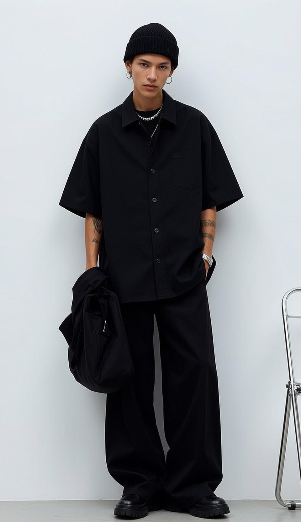 Casual Young Short Black Light Short-sleeved Button-up