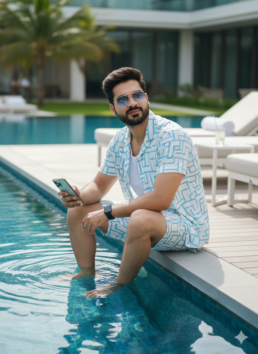 A young man in a casual floral shirt sitting by a luxury pool, smartphone in hand, basking in the summer sunlight.