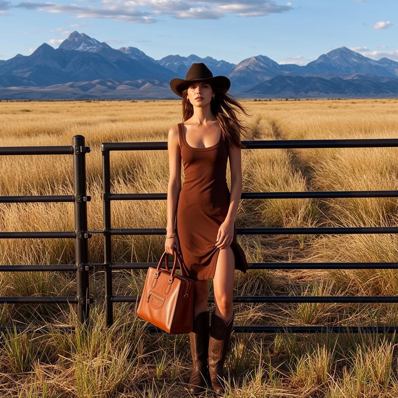 Brown Dress Mountain Field Pose