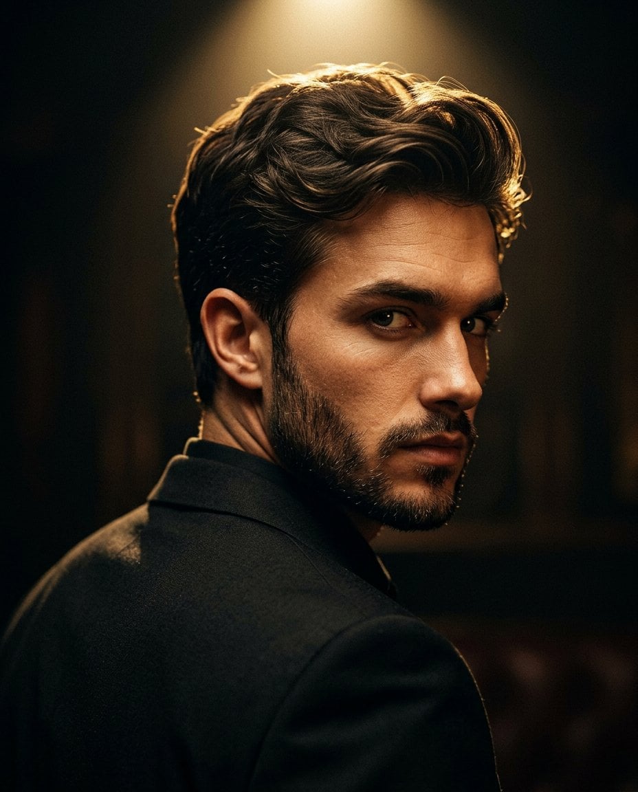 Black Suit Intense Look Dramatic Spotlight