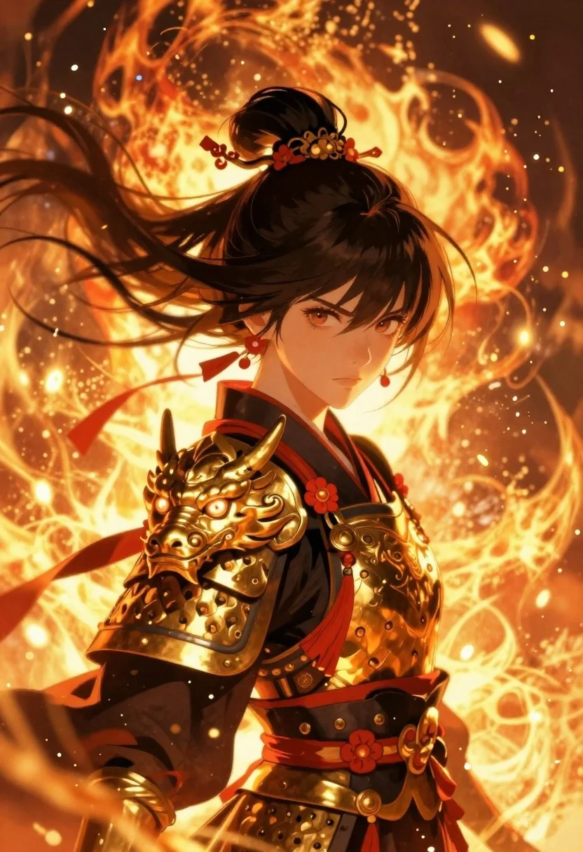 High-detail Anime-style Portrait Fierce Young Warrior Woman With Black Updo reference photo