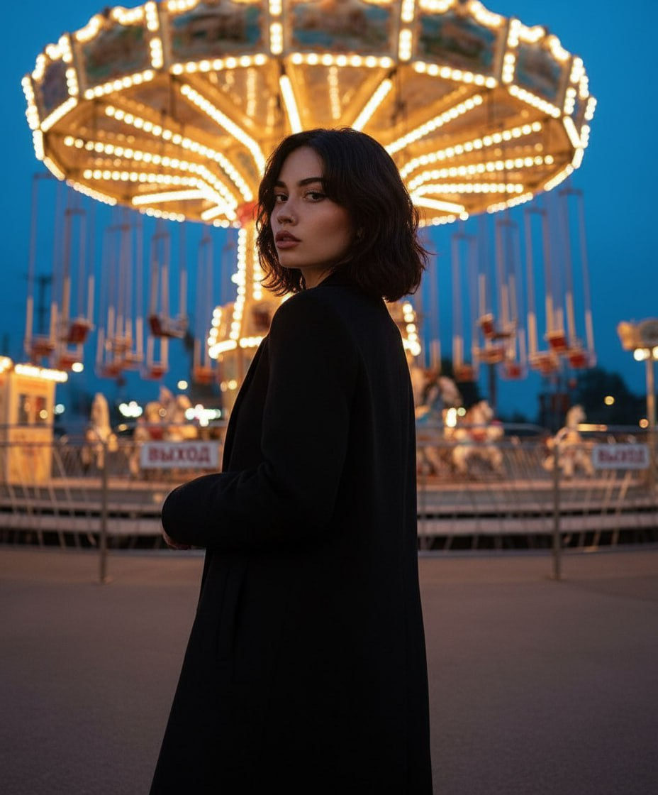 A cinematic portrait of a user standing in a long dress, looking back over their shoulder near a vibrant carousel with lights.