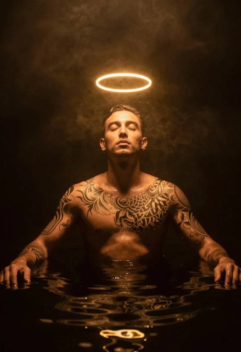 Tattoos Submerged In Dark Water Under A Glowing Halo
