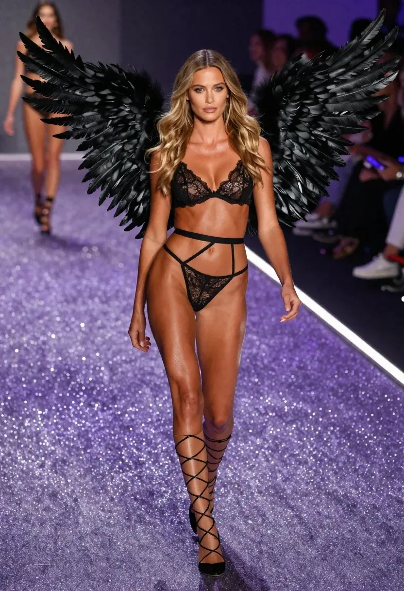 Full-body Shot Confident Female Model Walking Down Runway With Large