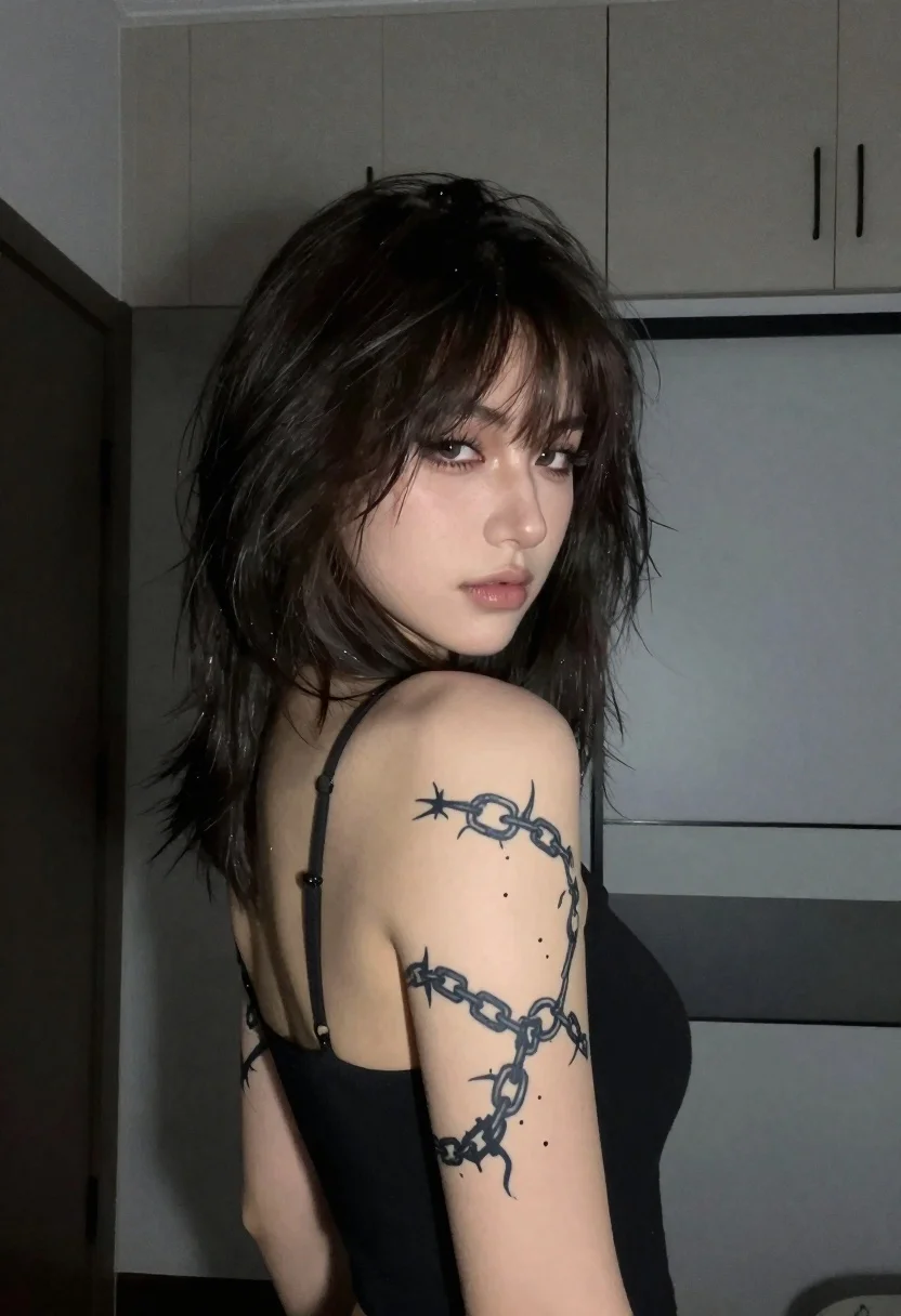 Young Woman With Dark Shoulder-length Hair And Bangs Stands Dimly reference photo