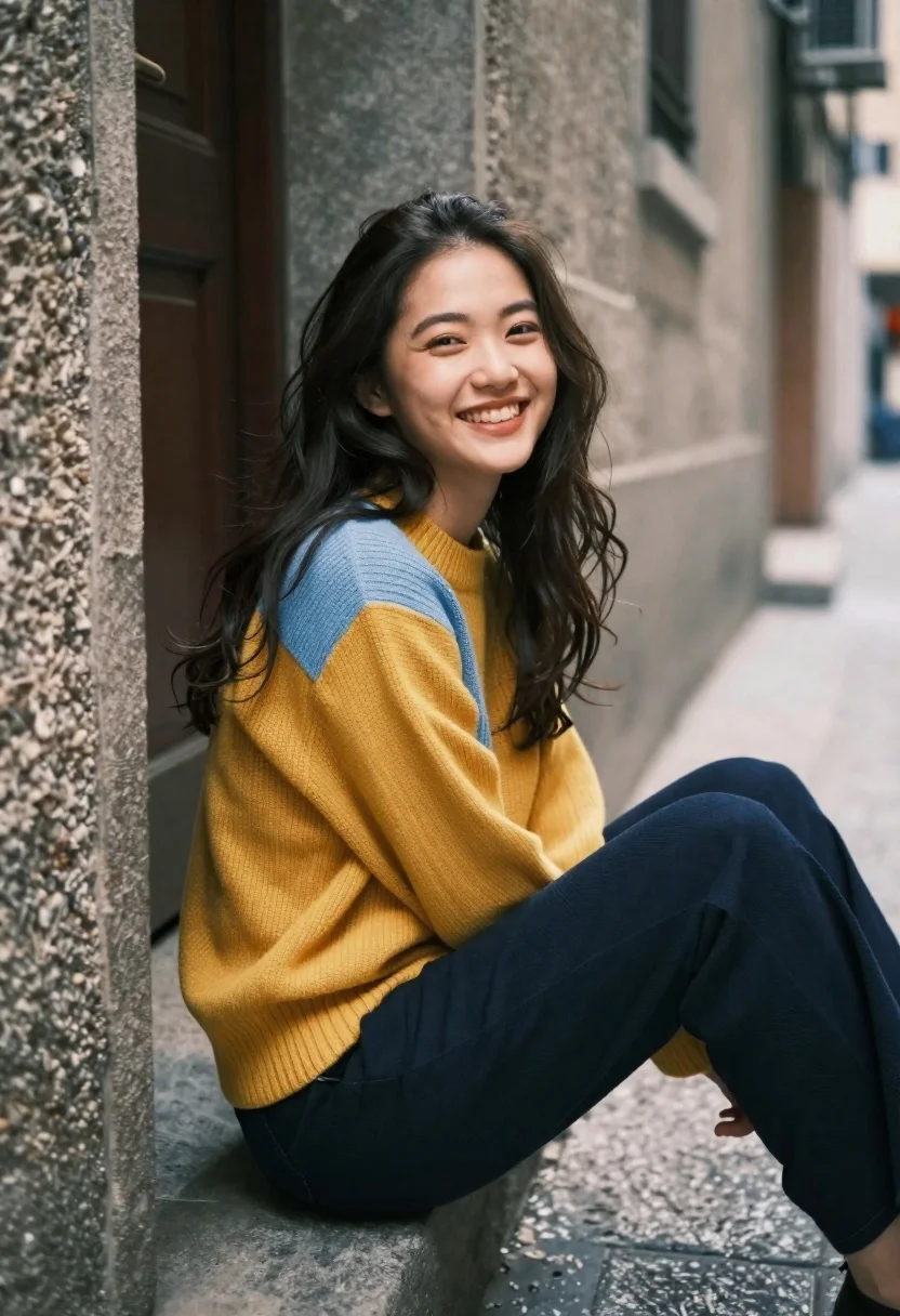 Joyful Young Woman With Long Dark Hair Sits Stone Step reference photo