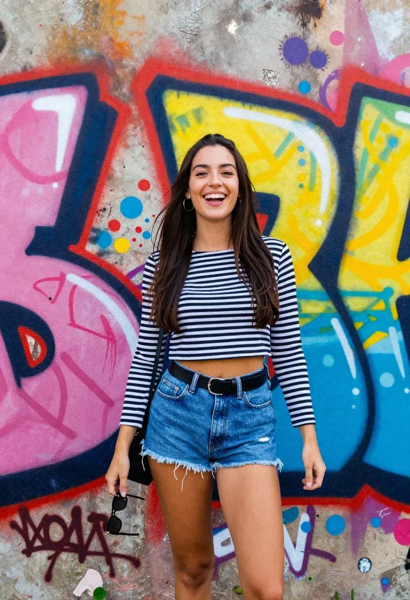 Young Woman With Long Dark Hair Stands Front Vibrant Graffiti